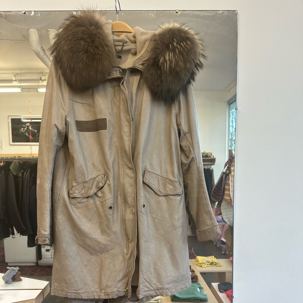 Sisii leather trench with coyote trim hood
